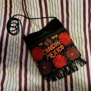 70s Festival Floral Embroidered Bag Black Velvet Fringed Purse Mexico Black Bag